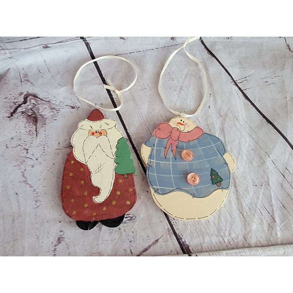 Santa And Snowman Wooden Handpainted Rustic Christmas Ornaments